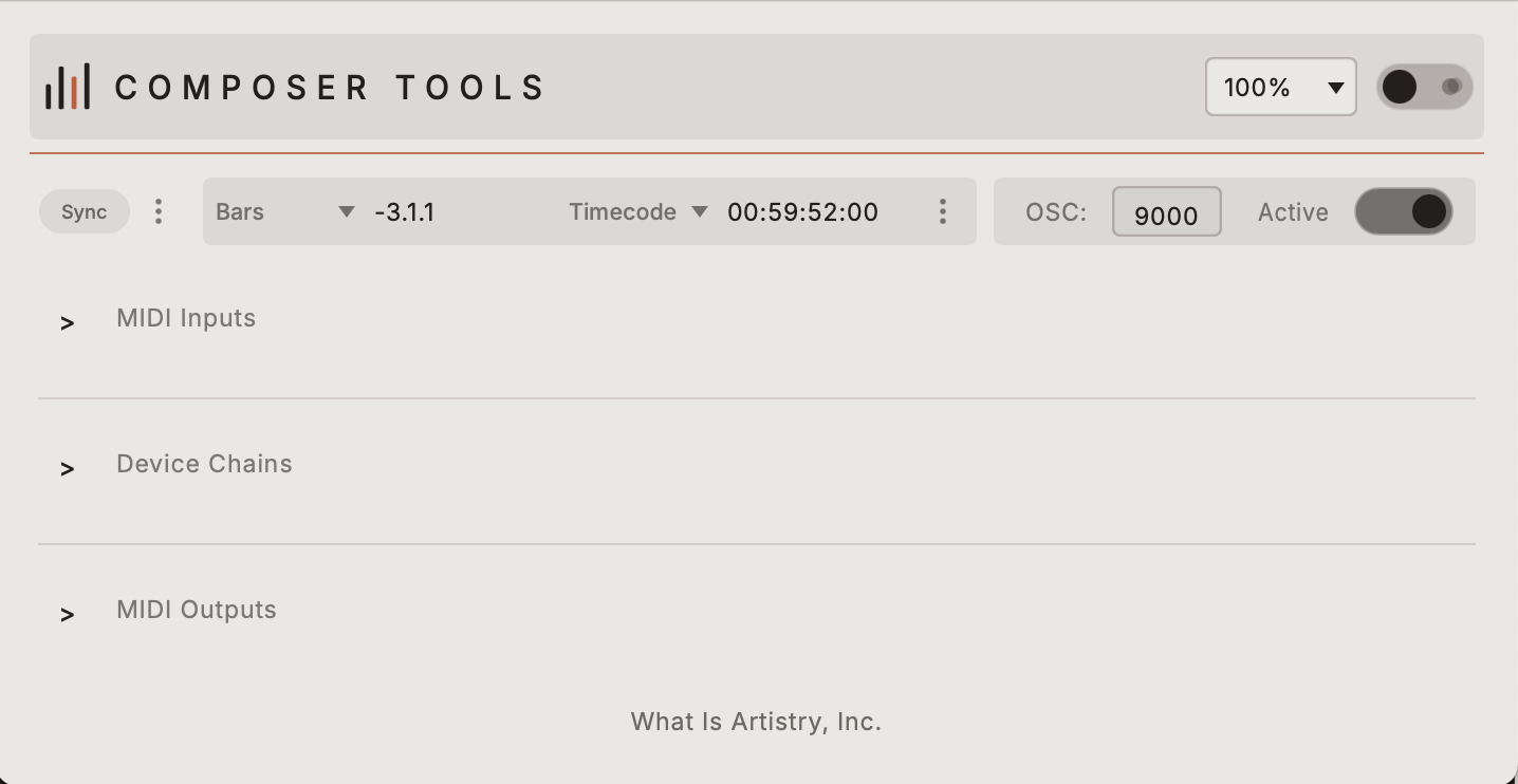 Composer Tools host window, showing MIDI Inputs, Device Chains, and MIDI Outputs